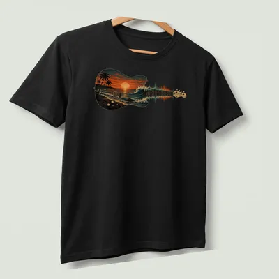 Vintage illustration of a guitar against an ocean sunset with waves — printed on a unisex t-shirt (angled view)