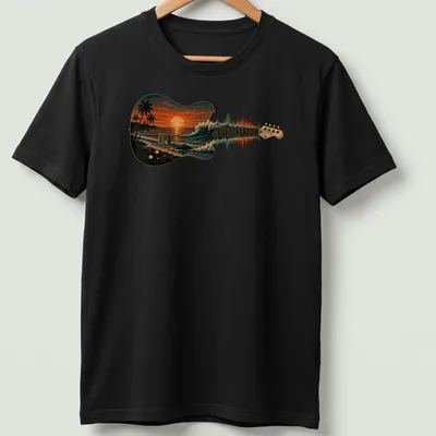 Vintage illustration of a guitar against an ocean sunset with waves