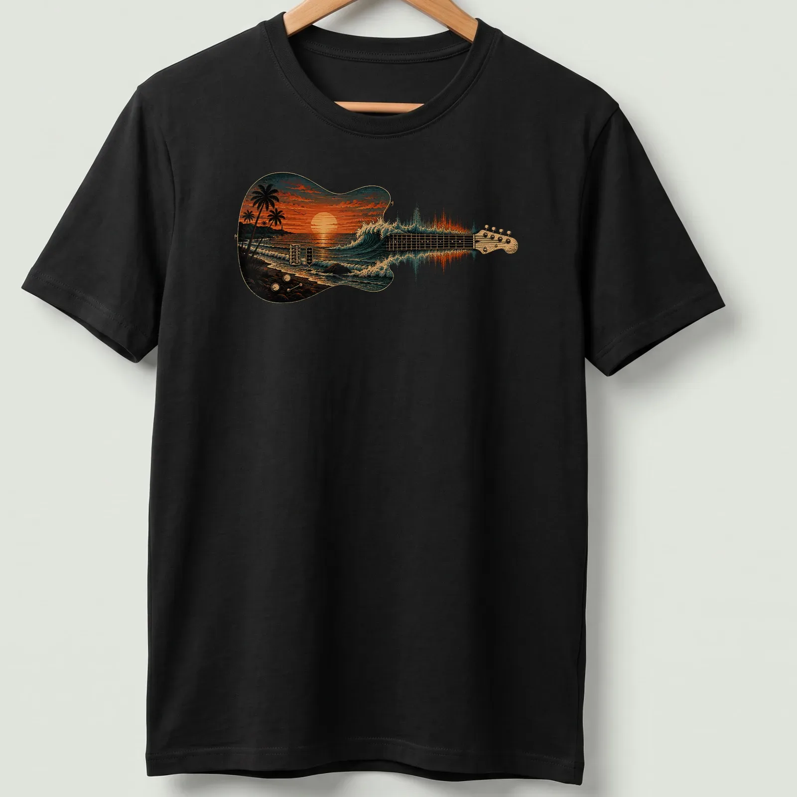 Vintage illustration of a guitar against an ocean sunset with waves — printed on a unisex t-shirt