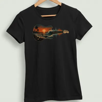 Vintage illustration of a guitar against an ocean sunset with waves — printed on a women's shirt