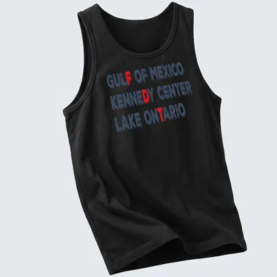 Bold distressed Gulf of Mexico Kennedy Center Lake Ontario graphic — printed on a tank top