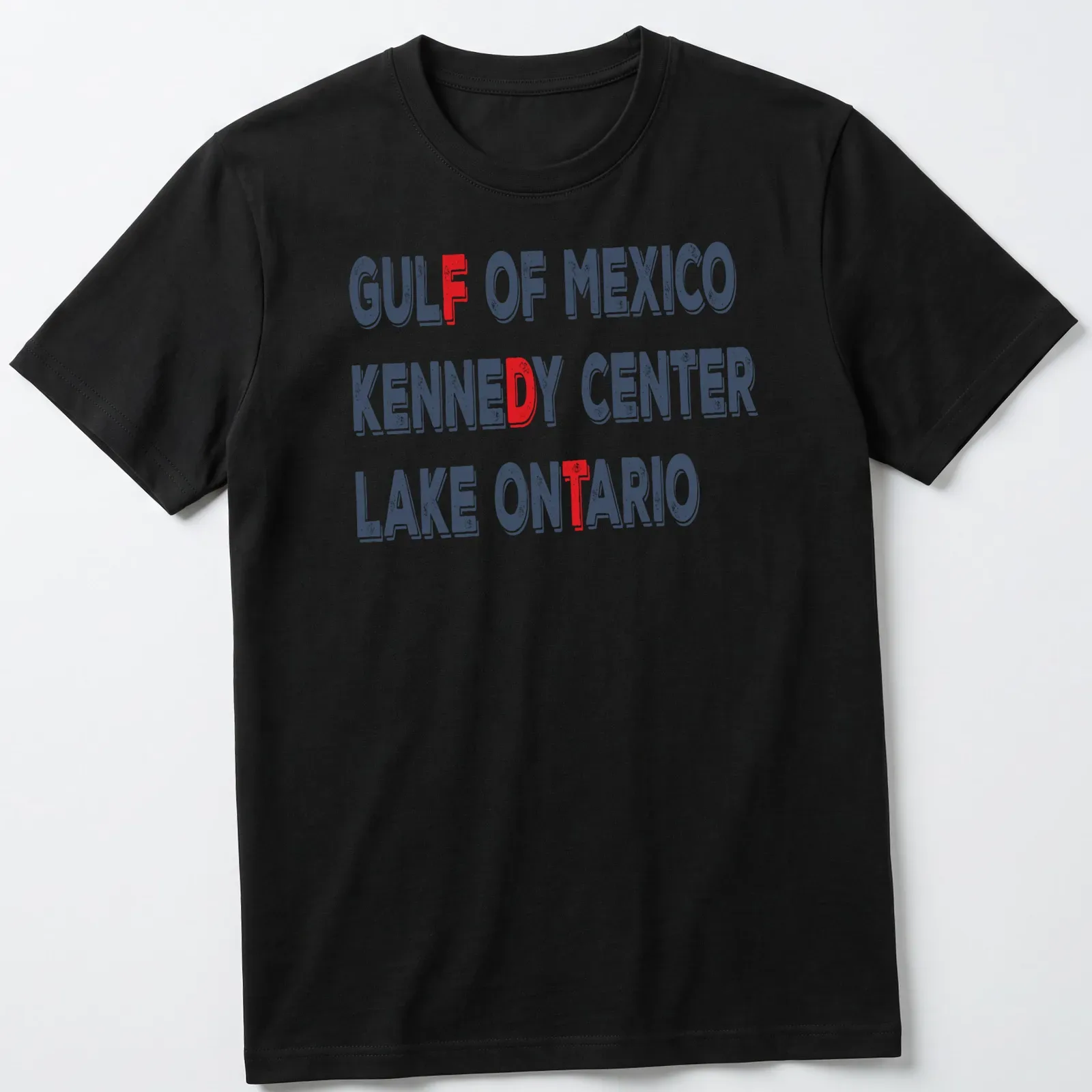 Bold distressed Gulf of Mexico Kennedy Center Lake Ontario graphic — printed on a unisex t-shirt