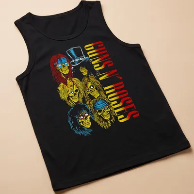 Vintage rock tee featuring Guns N' Roses skulls with long hair and a top hat. — printed on a tank top