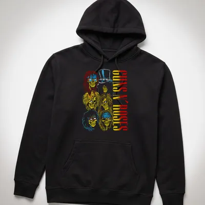 Vintage rock tee featuring Guns N' Roses skulls with long hair and a top hat. — printed on a unisex hoodie