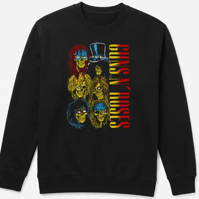 Vintage rock tee featuring Guns N' Roses skulls with long hair and a top hat. — printed on a unisex sweatshirt
