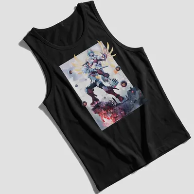 Dynamic action illustration of anime characters with mechanical elements in bold colors — printed on a tank top