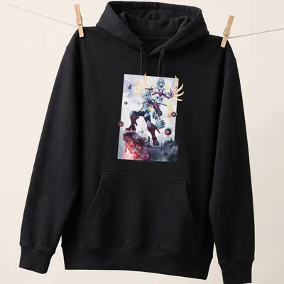 Dynamic action illustration of anime characters with mechanical elements in bold colors — printed on a unisex hoodie