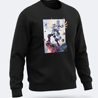 Dynamic action illustration of anime characters with mechanical elements in bold colors — printed on a unisex sweatshirt