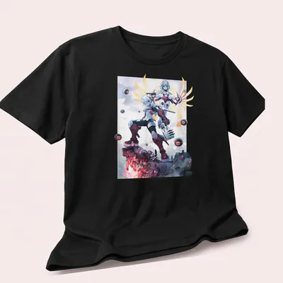 Dynamic action illustration of anime characters with mechanical elements in bold colors — printed on a unisex t-shirt (angled view)
