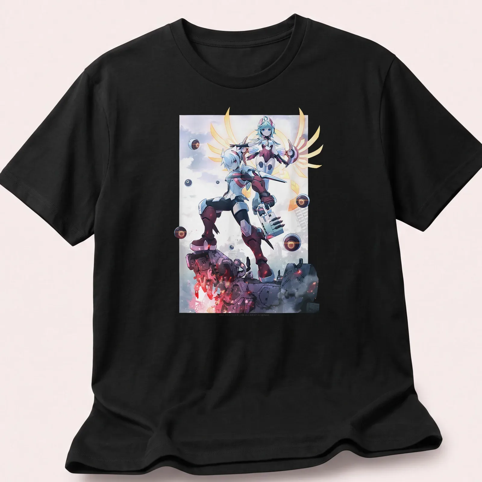 Dynamic action illustration of anime characters with mechanical elements in bold colors — printed on a unisex t-shirt