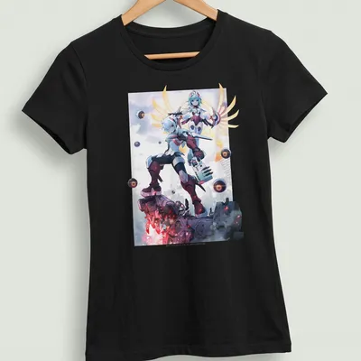 Dynamic action illustration of anime characters with mechanical elements in bold colors — printed on a women's shirt