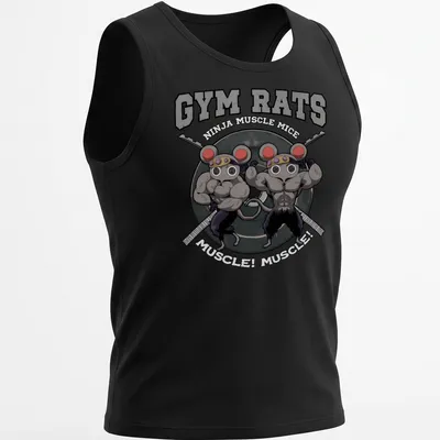 Cartoon design featuring muscular mice in a gym setting with colorful text — printed on a tank top