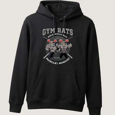 Cartoon design featuring muscular mice in a gym setting with colorful text — printed on a unisex hoodie