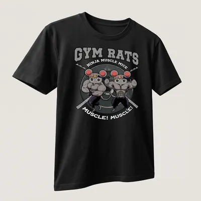 Cartoon design featuring muscular mice in a gym setting with colorful text — printed on a unisex t-shirt (angled view)
