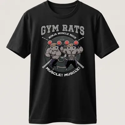 Cartoon design featuring muscular mice in a gym setting with colorful text