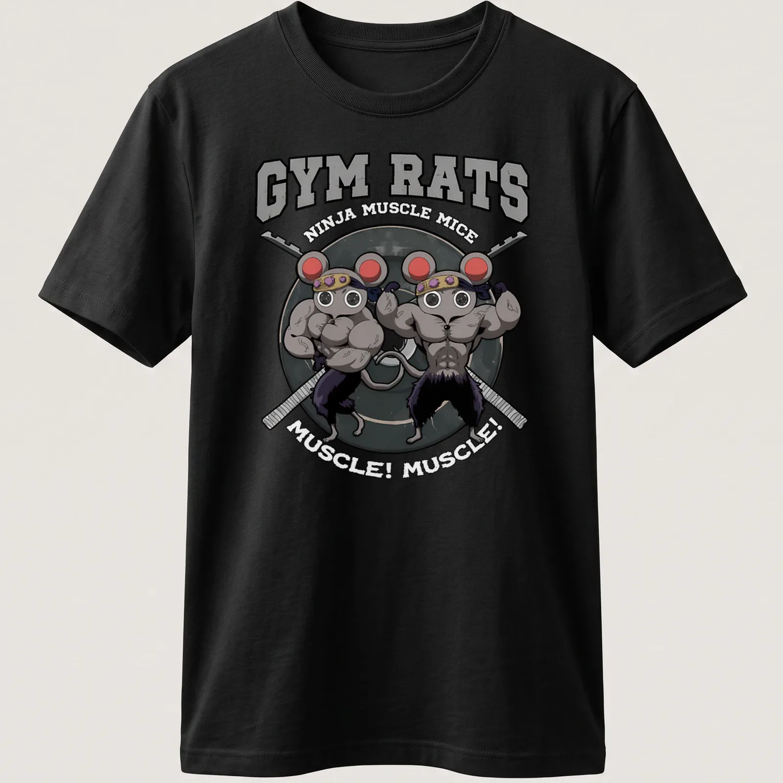 Cartoon design featuring muscular mice in a gym setting with colorful text — printed on a unisex t-shirt