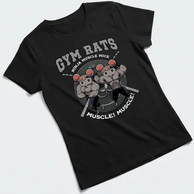 Cartoon design featuring muscular mice in a gym setting with colorful text — printed on a women's shirt