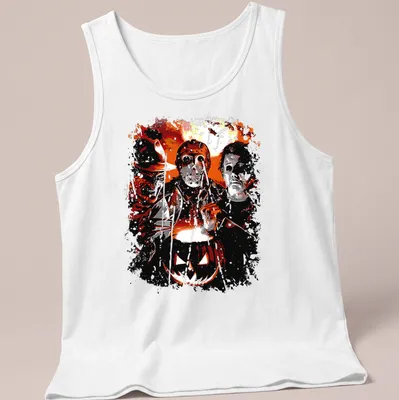 Grunge art featuring horror characters and Jack O' Lantern in dark colors — printed on a tank top