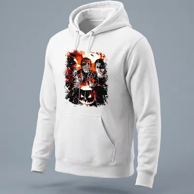 Grunge art featuring horror characters and Jack O' Lantern in dark colors — printed on a unisex hoodie