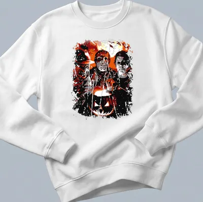 Grunge art featuring horror characters and Jack O' Lantern in dark colors — printed on a unisex sweatshirt