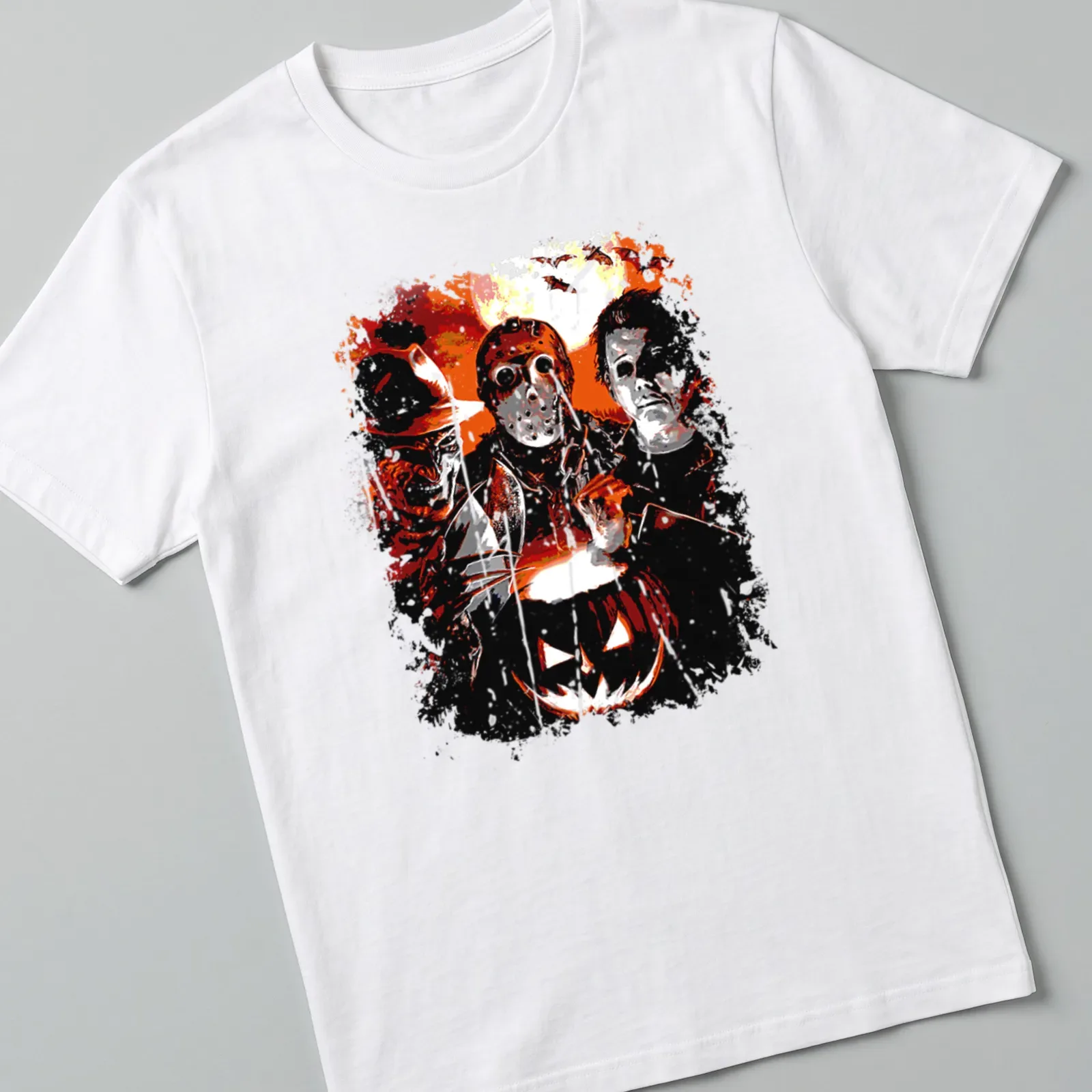 Grunge art featuring horror characters and Jack O' Lantern in dark colors — printed on a unisex t-shirt