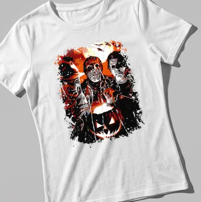 Grunge art featuring horror characters and Jack O' Lantern in dark colors — printed on a women's shirt