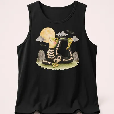 Cartoon tree frog in king pigeon yoga pose on black background with Halloween themes — printed on a tank top