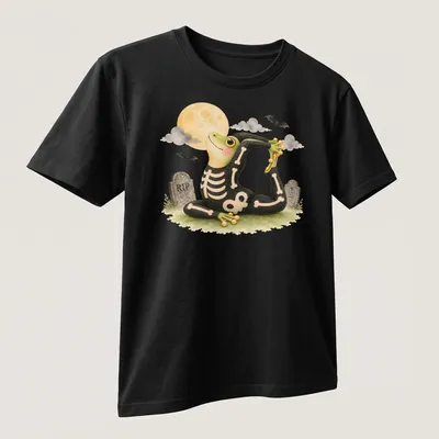 Cartoon tree frog in king pigeon yoga pose on black background with Halloween themes — printed on a unisex t-shirt (angled view)