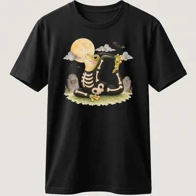 Cartoon tree frog in king pigeon yoga pose on black background with Halloween themes