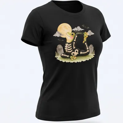 Cartoon tree frog in king pigeon yoga pose on black background with Halloween themes — printed on a women's shirt
