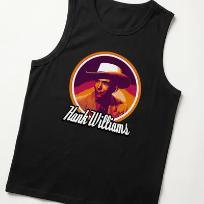 Retro T-shirt featuring Hank Williams with a cowboy hat in orange and pink hues — printed on a tank top