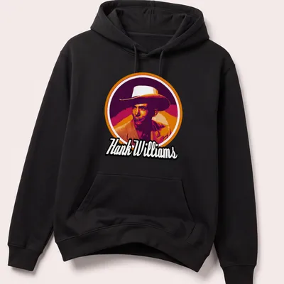 Retro T-shirt featuring Hank Williams with a cowboy hat in orange and pink hues — printed on a unisex hoodie