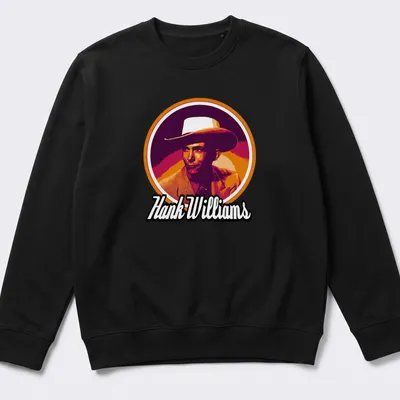 Retro T-shirt featuring Hank Williams with a cowboy hat in orange and pink hues — printed on a unisex sweatshirt