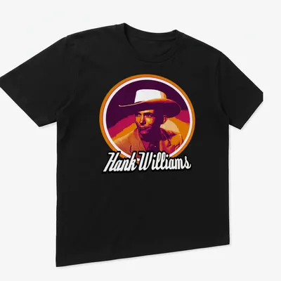 Retro T-shirt featuring Hank Williams with a cowboy hat in orange and pink hues — printed on a unisex t-shirt (angled view)