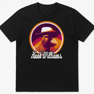 Retro T-shirt featuring Hank Williams with a cowboy hat in orange and pink hues