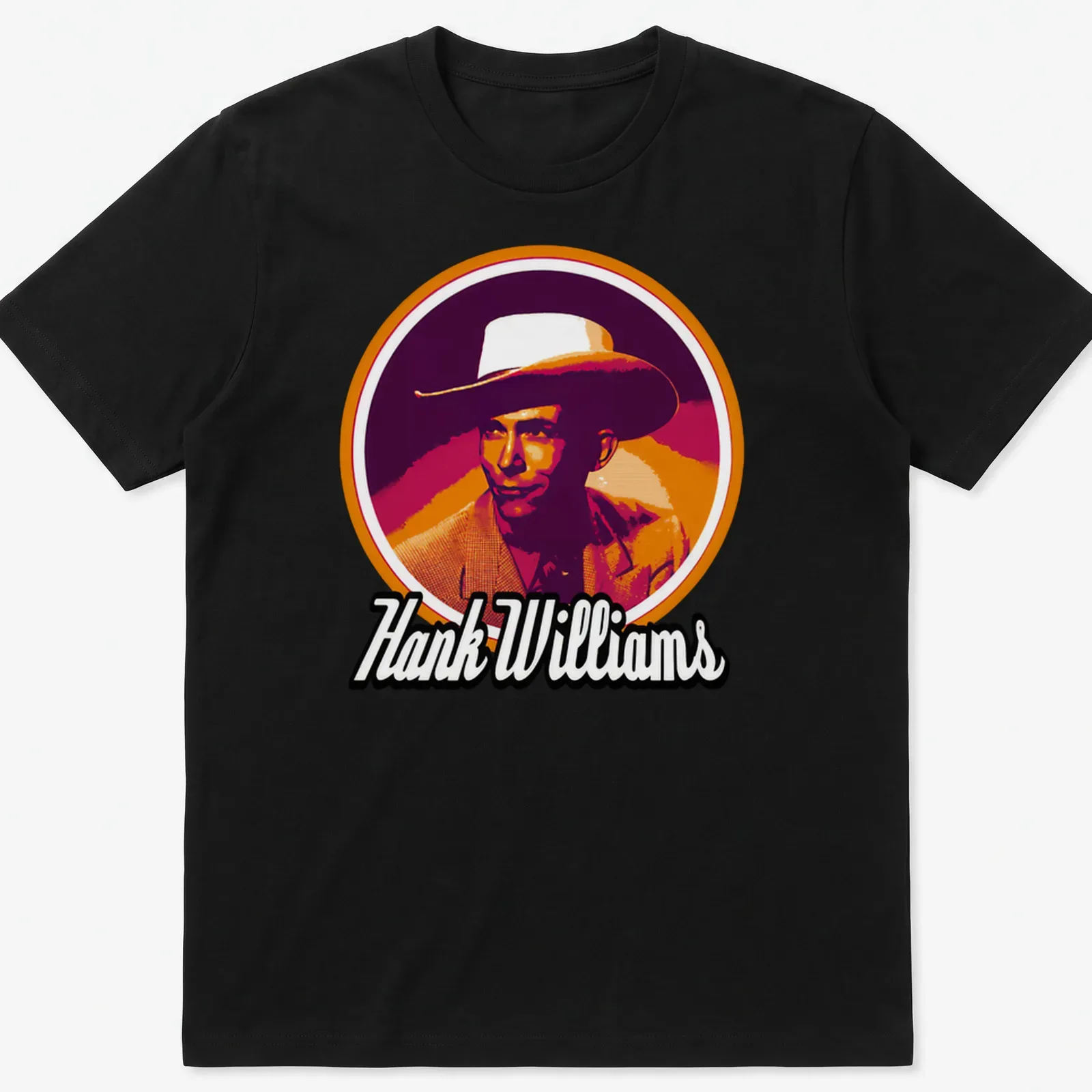 Retro T-shirt featuring Hank Williams with a cowboy hat in orange and pink hues — printed on a unisex t-shirt