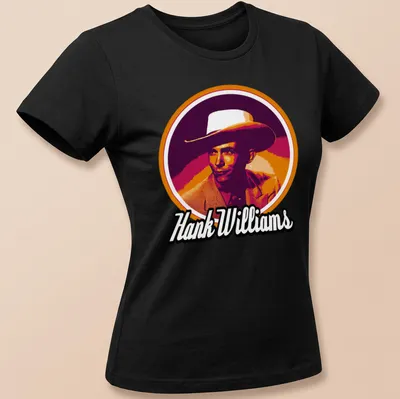 Retro T-shirt featuring Hank Williams with a cowboy hat in orange and pink hues — printed on a women's shirt