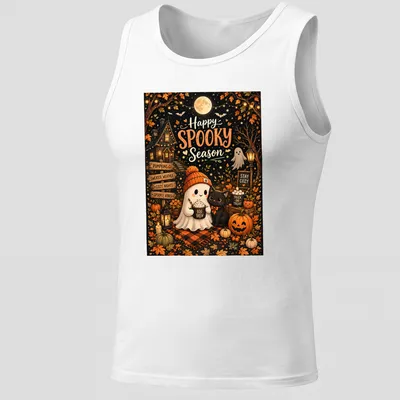 Cute autumn illustration of a ghost and black cat with pumpkins on a — printed on a tank top