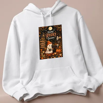 Cute autumn illustration of a ghost and black cat with pumpkins on a — printed on a unisex hoodie