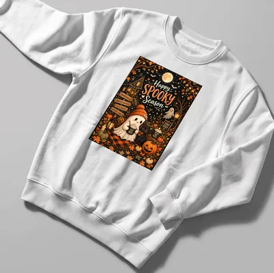 Cute autumn illustration of a ghost and black cat with pumpkins on a — printed on a unisex sweatshirt