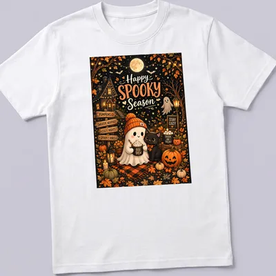 Cute autumn illustration of a ghost and black cat with pumpkins on a t-shirt