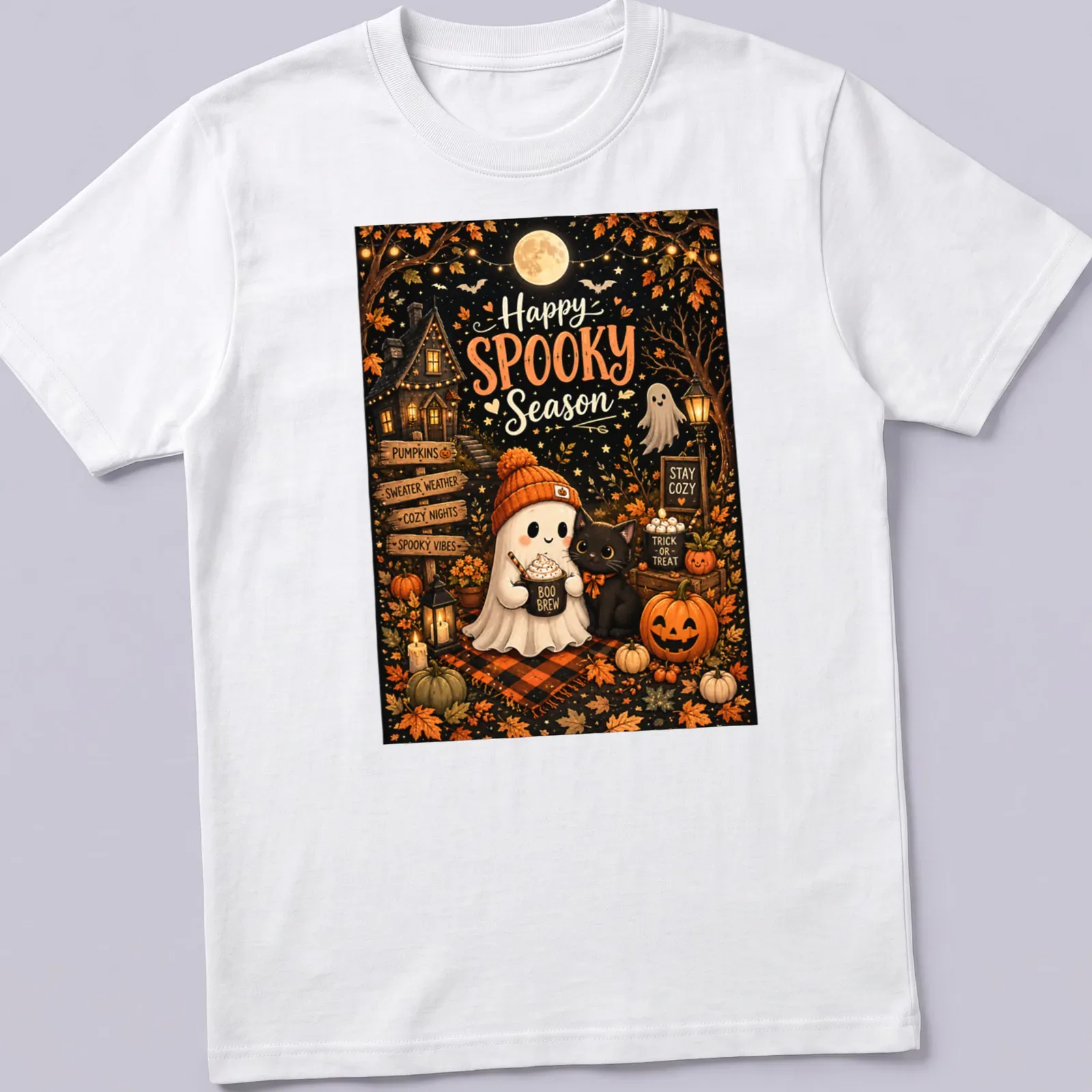 Cute autumn illustration of a ghost and black cat with pumpkins on a — printed on a unisex t-shirt