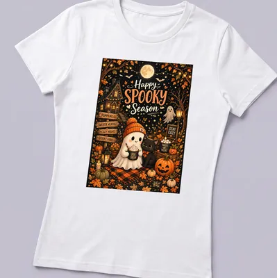 Cute autumn illustration of a ghost and black cat with pumpkins on a — printed on a women's shirt