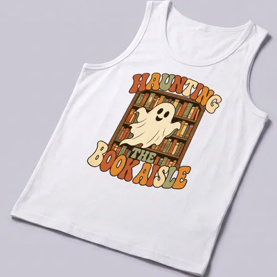 Retro ghost design with colorful lettering and whimsical imagery about books — printed on a tank top