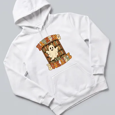 Retro ghost design with colorful lettering and whimsical imagery about books — printed on a unisex hoodie