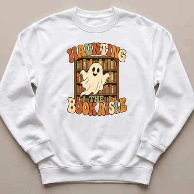 Retro ghost design with colorful lettering and whimsical imagery about books — printed on a unisex sweatshirt