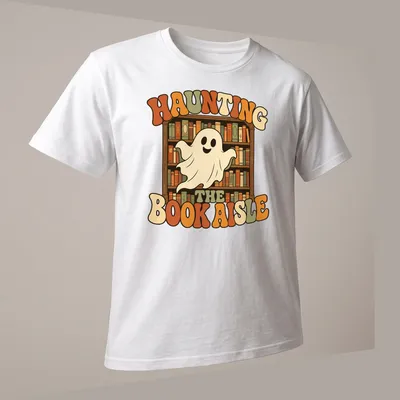 Retro ghost design with colorful lettering and whimsical imagery about books — printed on a unisex t-shirt (angled view)