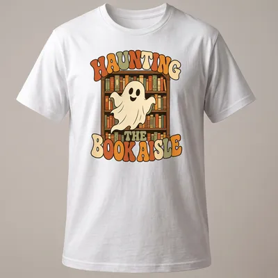 Retro ghost design with colorful lettering and whimsical imagery about books
