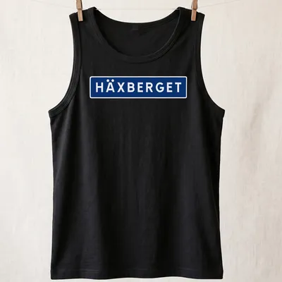 Simple modern HÄXBERGET shirt with bold blue and white lettering — printed on a tank top