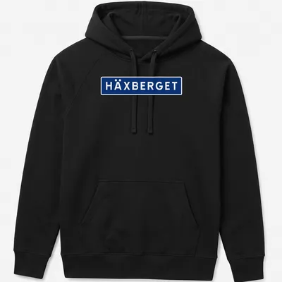 Simple modern HÄXBERGET shirt with bold blue and white lettering — printed on a unisex hoodie